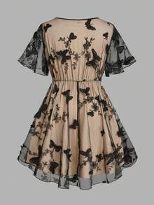 Sweetra Plus Size Spring/Summer Punk Butterfly Mesh Dark Lace-Up Dress - Black - View 2