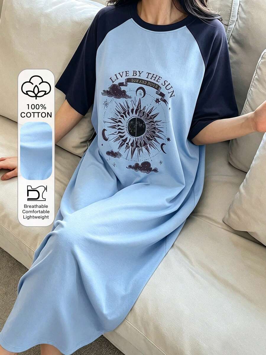 DAZY 太陽圖案插肩袖長洋裝,女款夏季睡衣睡袍 - 藍色 - 查看 1