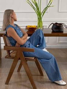 Dazy Tall Setelan Rompi Denim Kasual dan Celana Panjang Lebar untuk Wanita Musim Panas - Medium Wash - View 4