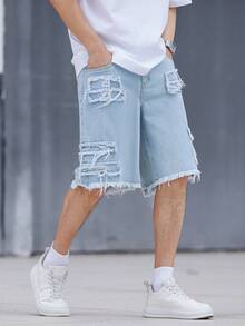 Manfinity Roghcode Men's Plus Size Casual Bermuda Denim Shorts With Pockets And Frayed Hem - Blue - View 6