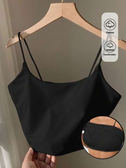 Comfortcana Women's Casual Versatile Solid Color Cropped Camisole With Padded Cups Women's Summer Camisole With Built-In Pads And Thin Straps