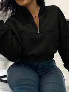 SHEIN 1件女士纯色黑色半拉链立领长袖卫衣，长袖上衣，适合毕业季、返校季、毕业典礼、教师节、秋季返校套头衫 - 黑色 - 查看 1