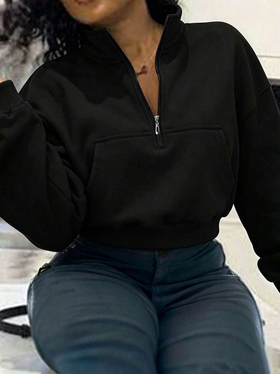SHEIN 1件女士纯色黑色半拉链立领长袖卫衣，长袖上衣，适合毕业季、返校季、毕业典礼、教师节、秋季返校套头衫 - 黑色 - 查看 1