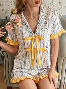 CottageSlumber Ensemble de pyjama court avec ours en peluche mignon, jaune pâle, bordure à volants, nœud croisé et manches courtes - Multicolore - Voir 3
