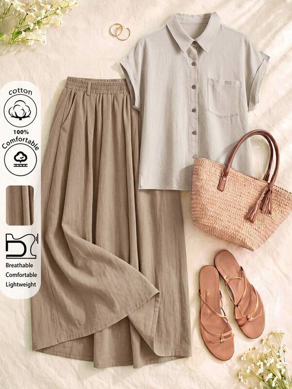 Rusticease Elegant Modest Fall Grey Summer Outfits Cotton100 Teachers' Day Button Casual Minimalist Design 2 Pieces Set Work Brunch Vacation For Women Khaki