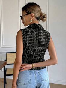 Serisse 女款夏季時尚無袖西裝外套 教師節辦公室商務早午餐上班穿著 黑白格紋 商務休閒 優雅隨性 - 黑色 - 查看 2