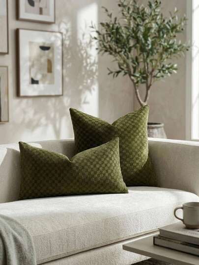 Cirelle 1pc Olive Green Checkerboard Chenille Cushion Cover | Modern Retro Grid Accent Pillowcase