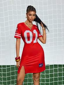 Gowayae Gowayae Women's V-Neck Short Sleeve Mini Split Dress - Red - View 5