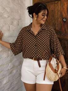 SHEIN Frenchy Plus Size Women's Polka Dot Print Short Sleeve Single Breasted Casual Shirt Fall - Multicolor - View 1