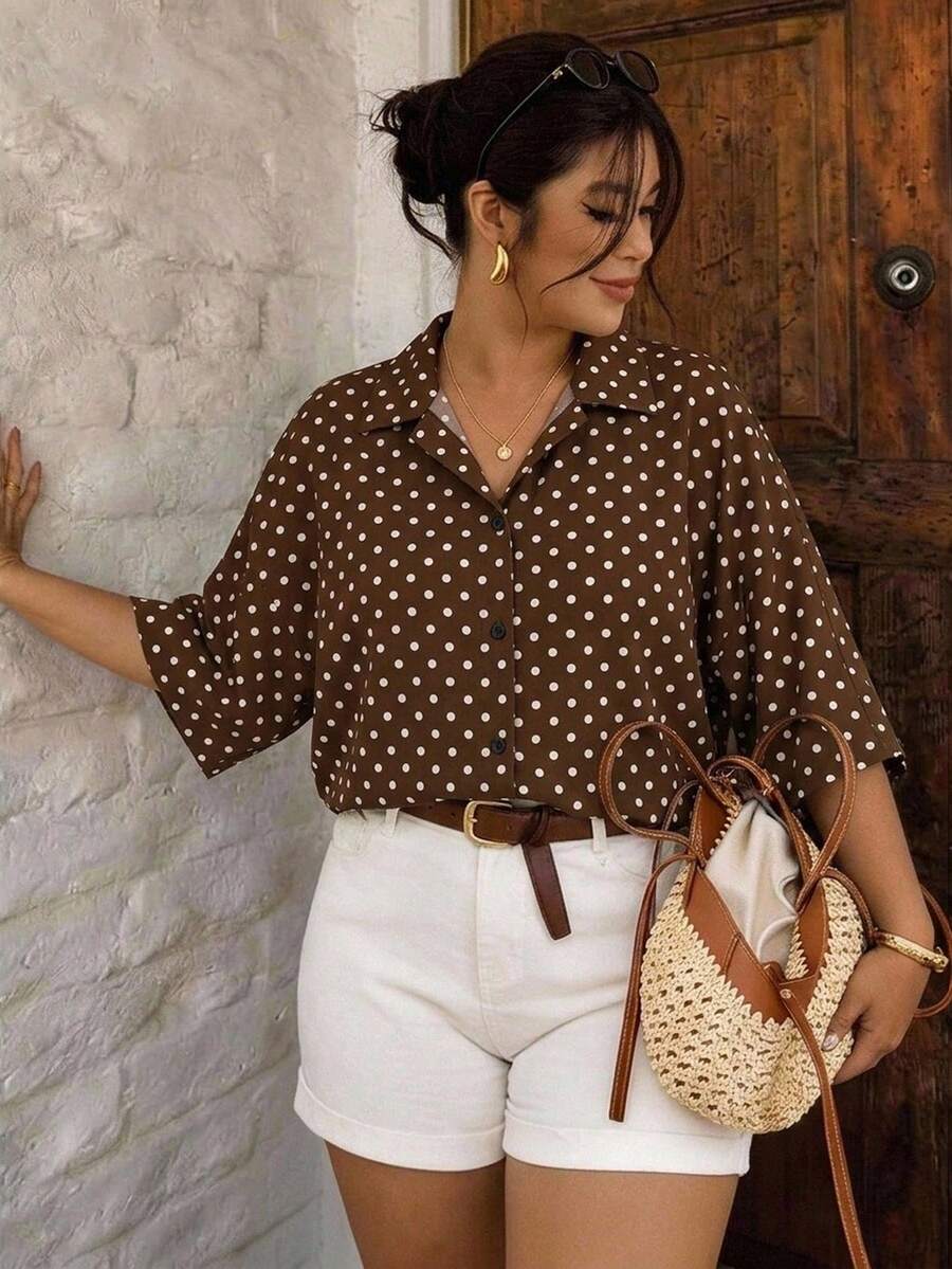 SHEIN Frenchy Plus Size Women's Polka Dot Print Short Sleeve Single Breasted Casual Shirt Fall - Multicolor - View 1