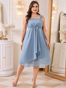 Reflora Plus Size Elegant Party Evening Wedding Guest Rhinestone Decor Solid Color Jacket Dress Dusty Blue Autumn - Blue - View 3