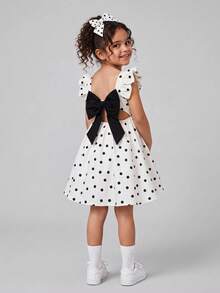 SHEIN LMoss Kids 女童波点方领荷叶边下摆蝴蝶结露背休闲连衣裙 - 彩色 - 查看 6