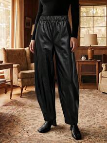 CAJUNI Autumn PU Leather Bucket Pants Holiday Party Going Out Black Casual - Black - View 3