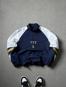 PAVTROS Men's Casual Stand Collar Half Zip Windbreaker,Navy And White Color Block Jacket With Letter Graphic,Drawstring Hem,Autumn Back-To-School Graduation - Navy Blue - View 3