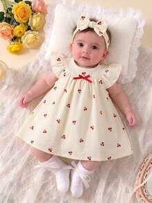 SHEIN Baby Girl's Cute White Yellow Striped Bow Print Dress Round-Neck Sleeveless LooseFitting Soft Fabric - Red and White - View 4
