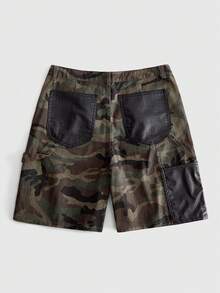 ROMWE MEN Men's PU Patchwork Camouflage Cargo Denim Shorts - Army Green - View 2