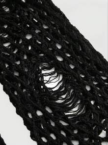 ROMWE Goth Black Fishnet Hollow-Out Flared Sleeve Knit Cover-Up, Distressed Design Off-The-Shoulder Short Top, Sexy Outerwear - Black - View 4