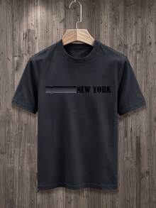 NEOREFINED 成熟休閒復古條紋 NEW YORK 字母印花深灰色休閒圓領短袖T恤 - 深灰色 - 查看 3