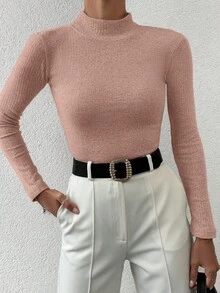 EURMUSE Women's Solid Color Simple Stand Collar Long Sleeve Sweater Versatile For Autumn Winter Office Dusty Pink Casual - Baby Pink - View 5
