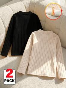 Elladie kids 2pcs Girls Mid-Neck Long Sleeve Fluffy Ribbed Fleece T-Shirt, Versatile For School And Daily Wear In Autumn/Winter - Multicolor - View 2