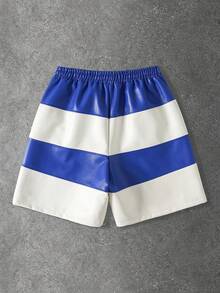 ROMWE MEN Men's Casual Patchwork Leather Shorts - Blue - View 2