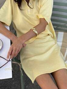 Siren Gaze 夏季/冬季街頭風 Y2K 女款奶油黃 Polo 領短袖針織上衣與針織裙 2 件套，復古西式風格，適合外出，2000 年代風格，老錢風，低腰，度假，Y2K 節慶，假期，性感街頭風，Rave，西式風格，復古，修身，優雅 - 黃色 - 查看 9