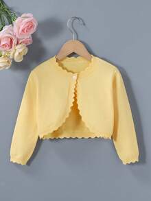 SHEIN Elladie kids 女童休閒百搭素色開襟毛衣外套 秋季 - 黃色 - 查看 5