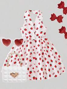 SHEIN Elladie kids 花园女孩夏季新款时尚Polo领露背吊带束腰甜美度假风连衣裙，少女正式连衣裙 - 白色 - 查看 3