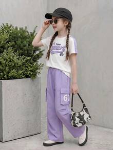 Casuvi Kids 2pcs/Set Conjunto de Verano para Niña Preadolescente, Camiseta Retro Americana con Letra Púrpura & Pantalones Cargo, Conjunto de Moda Estilo Vaquero Dulce para Regreso a Clases - Morado - Ver 1