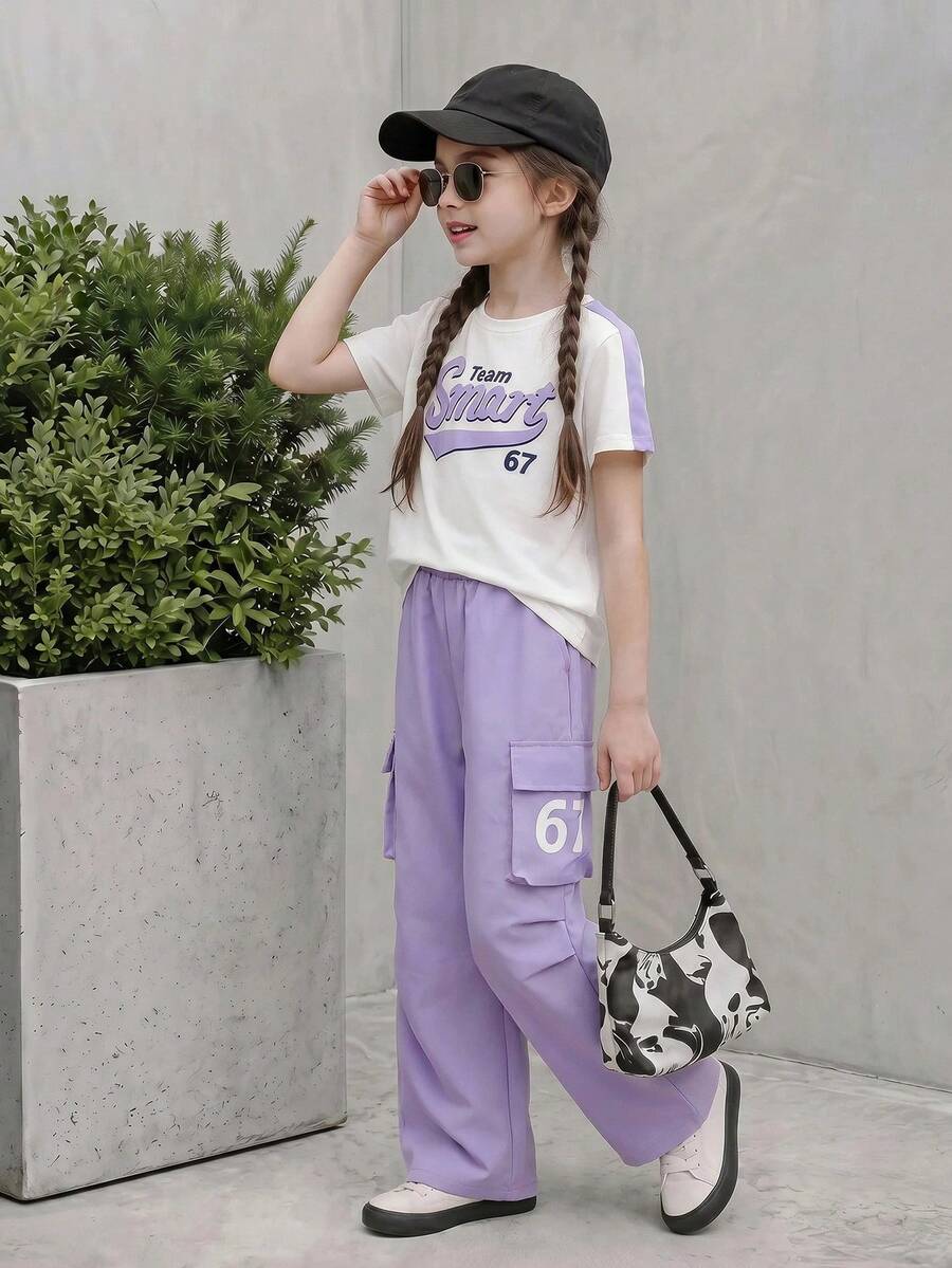 Casuvi Kids 2pcs/Set Conjunto de Verano para Niña Preadolescente, Camiseta Retro Americana con Letra Púrpura & Pantalones Cargo, Conjunto de Moda Estilo Vaquero Dulce para Regreso a Clases - Morado - Ver 1