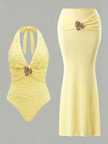 SHEIN Swim Summer Women's Casual Vacation Beach Party Sexy V-Neck Tie Butter Yellow Ruched Metal Flower One-Piece Swimsuit Solid Cream Mermaid Maxi Skirt Set - Pale Yellow - View 3