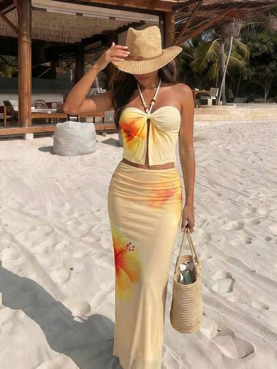 Bonvoyette 3pcs Women's Summer Vacation Beach Floral Print Bandeau Halter Swim Top, Floral Print Swim Bottoms, High Waist Mesh Pleated Long Skirt