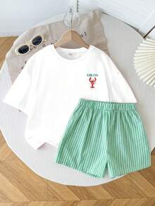 SHEIN 青少年女孩龍蝦與字母印花圓領短袖T恤搭配條紋拼接短褲套裝 - 彩色 - 查看 4
