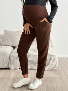 SHEIN Maternity Solid Color Adjustable Waist Casual Long Pants Fall - Brown - View 7