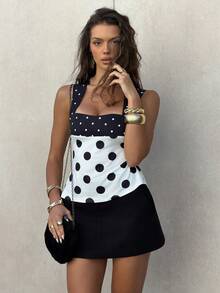 Sindi Myftari 2026 New Sweet Casual Party Shiny Satin Black & White Retro Polka Dot Contrast Color Splice Backless Tie Camisole, Suitable For Summer, Suitable For Home Wear,Summer Top - Multicolor - View 4