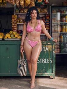 SHEIN Swim 2020新款夏季海灘度假四季通用大尺碼女款泳衣套裝，3D花卉布料，百搭易搭配 - 粉色 - 查看 4