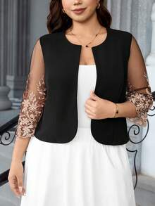 Reflora Chaqueta corta elegante con mangas de encaje en contraste para mujer talla grande, adecuada para uso diario - Negro - Ver 5