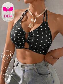 SHEIN Swim 女款波點印花露背掛脖式比基尼上衣 - 黑色 - 查看 4