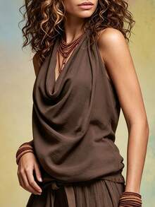 SHEIN Holidaya Elegant, Comfortable, And Breathable Halter-Neck Backless Top With A Textured Finish-Perfect For Summer Casual, Vacation, And Beach Wear. - Brown - View 5