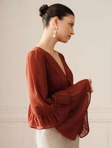 BELROSIE Romantic Elegant Floral Bud Hem V-Neck Semi-Sheer Chiffon Ruffle Bell Sleeve Blouse Tea Party Rusty Orange Autumn - Brown - View 5