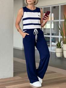 EMERY ROSE Conjunto de top sin mangas de cuello redondo con estampado a rayas y pantalones de chándal para mujeres de mediana edad y mayores - Multicolor - Ver 2