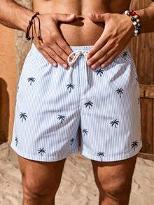 Manfinity KASUA Men's Vacation Striped Palm Tree Print Drawstring Waist Beach Shorts - Blue and White - View 1