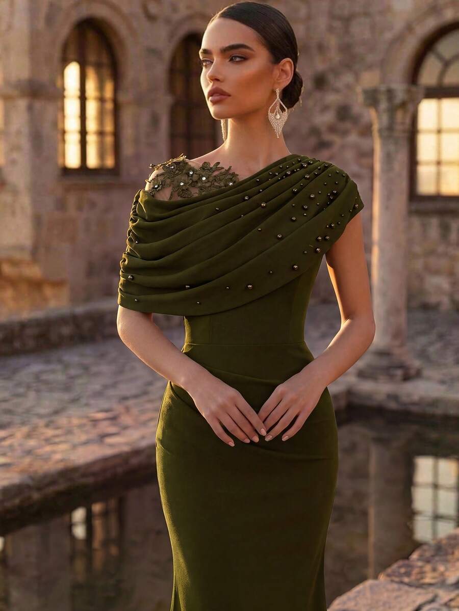 Aureia 優雅浪漫迷人彈性針織拼接網紗不對稱領口垂領百褶貼花珠飾水鑽設計修身魚尾下擺晚禮服,適合晚宴、單身派對、約會、舞會、度假、婚禮活動,新娘、母親晚裝 - 軍綠色 - 查看 1