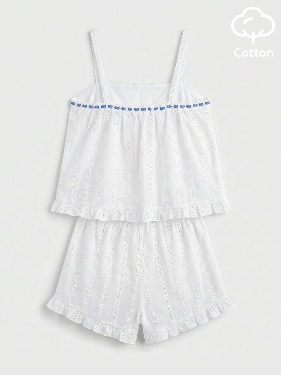 Weißes 2-teiliges Baumwoll-Schlafanzug-Set mit Cami-Top und Shorts, mit blauen Satin-Bindedetails, Homewear-Set