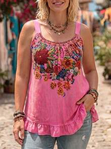 Ceyna Plus Size Women's French Casual Elegant Floral Print Tank Top - Hot Pink - View 5
