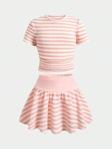 SHEIN Tween女孩夏季修身T恤與裙子2件套，新款粉色條紋短袖T恤與防走光裙裝套裝 - 粉色 - 查看 3