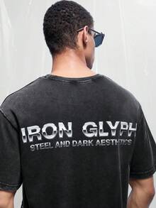 IRON GLYPH 男士字母印花時尚百搭圓領短袖T恤，度假風 - 黑色 - 查看 3