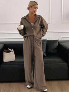 Dazy Tall Women's Lapel Long Sleeve Shirt And Straight Leg Pants Casual 2 Pieces Set Fall - Coffee Brown - View 2