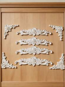 6/8Pcs Rose Carved Wood Appliques Floral Furniture Onlays Vintage Corner Decor For Cabinet Mirror Frame - Khaki - View 6