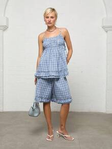 COUREZ Tie Side Cami Top With Frill Longline Check Short Co-Ord Set / Y2K Fall Clothes For Women Fall Outfits 2 Pieces Sets Rave Outfits Club Outfits - Blue - View 2